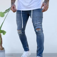vintage harajuku jogger trousers white ripped jeans men skinny casual stretch denim pencil pants zipper embroider letters hole