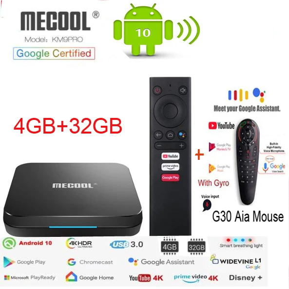 Android ТВ 10 0 Box Google Сертифицированный MECOOL KM9 PRO 4 Гб оперативной памяти 32GBAmlogic S905X2 4K