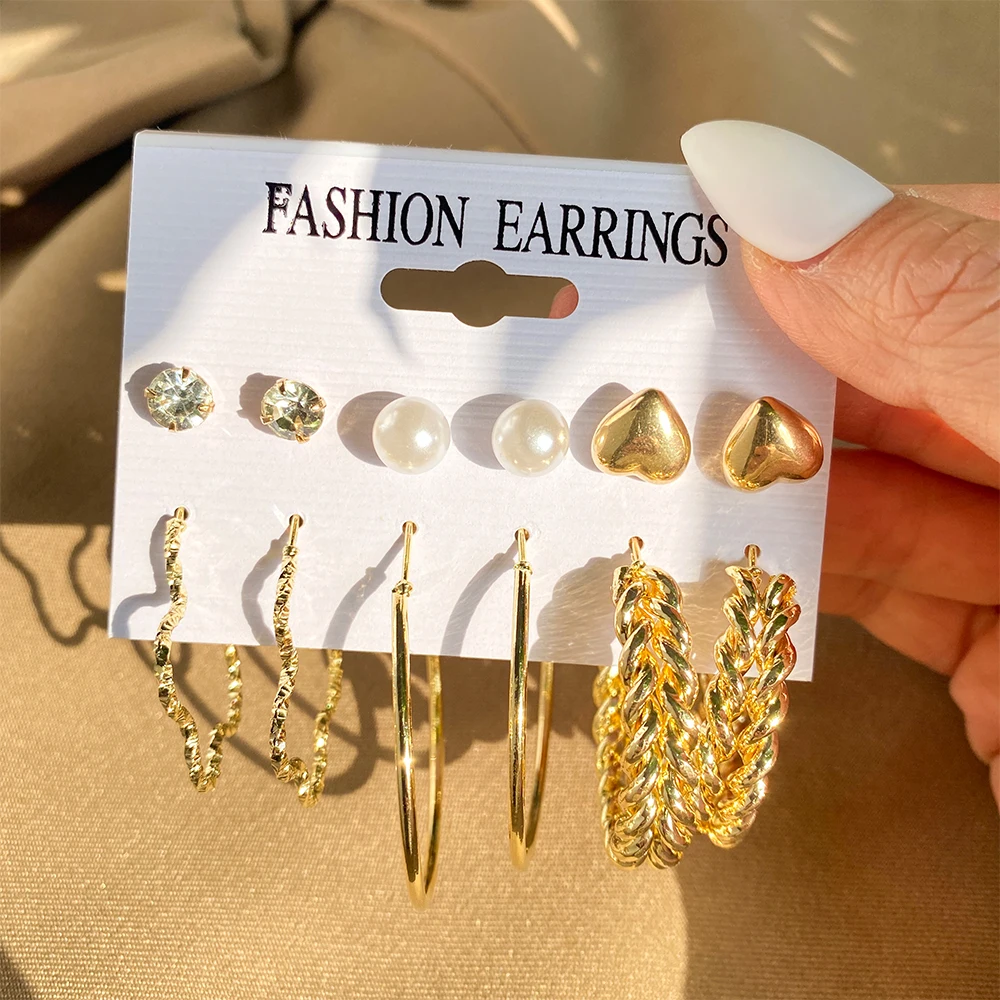 

Vintage Gold Geometric Metal Drop Earring Set for Women Statement Punk Pearl Twisted Circle Dangle Earring Trend Jewelry Earring