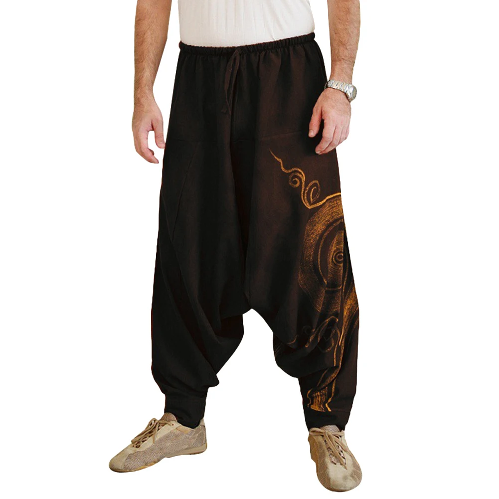 Men Casual Harem Pants Summer Yoga Baggy Aladdin Hippie Spiral Print Trousers