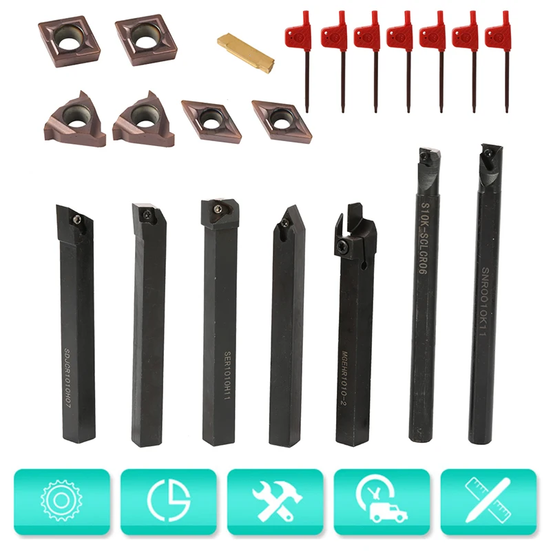 

7pcs 10mm Shank Lathe Tool Holder Lathe Tools CNC Metal Cutter Industrial Turning Rod with Carbide Inserts Blades