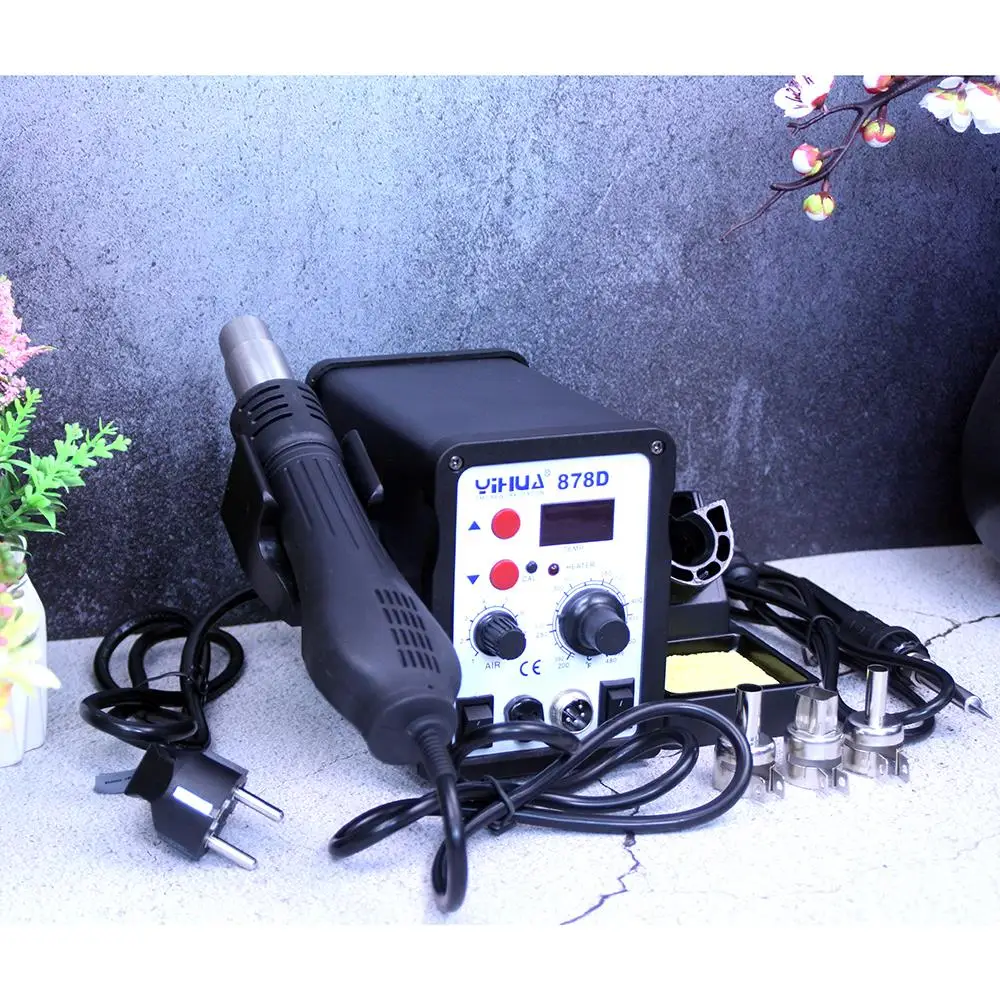 YIHUA 878D Hot Air Gun Soldering Station With 907A Soldering Iron Station Mini SMD soldering rework station air welding machine