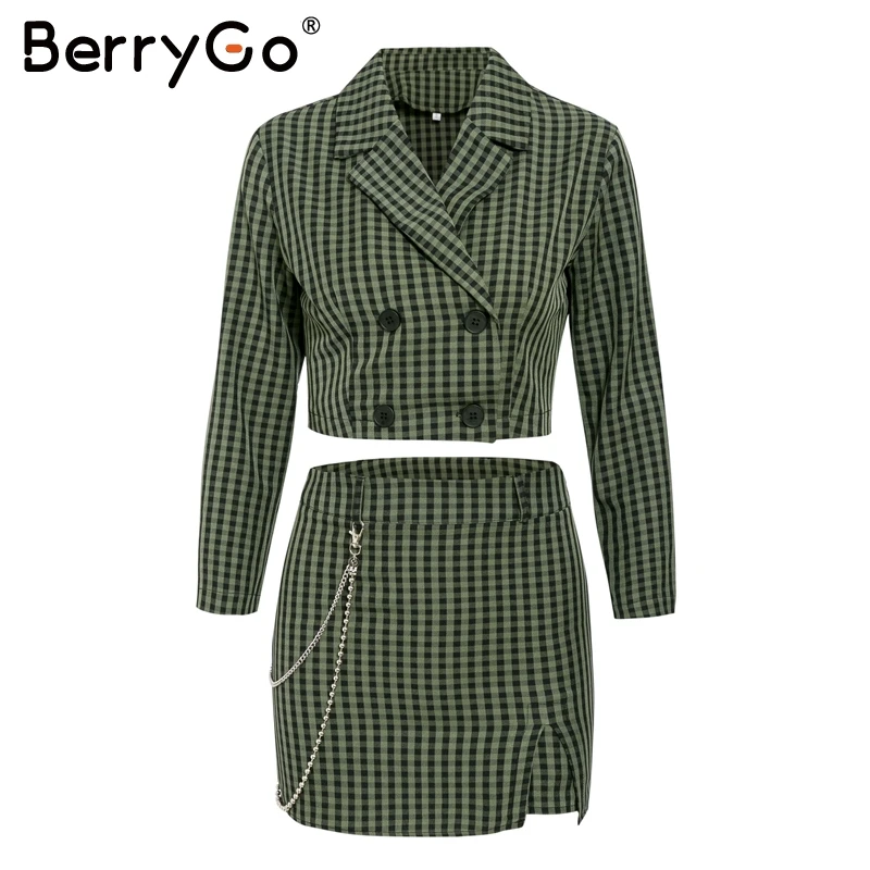 BerryGo/пикантные Женские клетчатые костюмы с цепочками женская блузка пуговицами