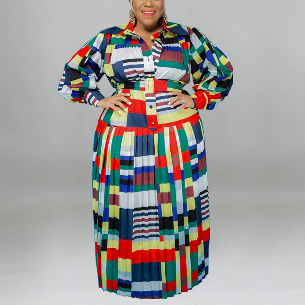 

4XL 5XL Plus Size Dresses for Women Geometric Printed Full Sleeve High Waisted Turn Down Collar Floor Length Elegant Evening Hot