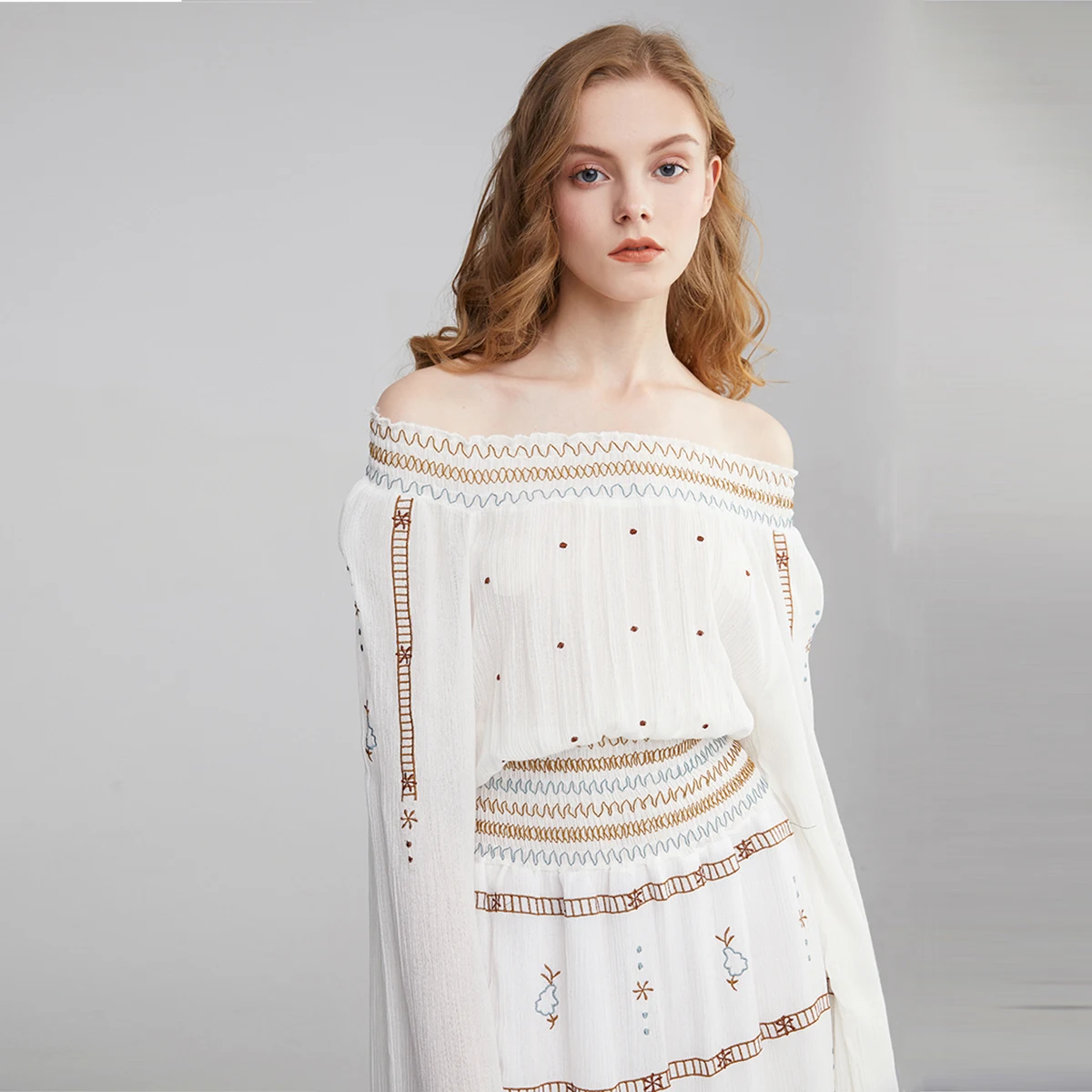 

Women Chic Embroideryed Maxi Dress 2021 Autumn Bohemian A Line Slash Neck Beach Style Dresses Female Vintage Boho Vestidos