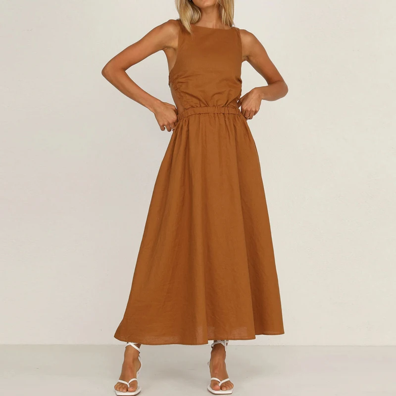 

Elegant Spring Solid Backless A-line Dress Women O-neck Cotton High Waist Dress Sleeveless Sexy Long Dresses Chic