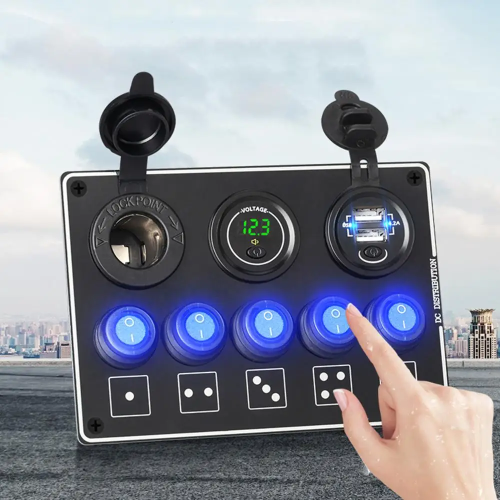 

Universal 5 Gang Rocker Dual USB Charger LED Volmeter with Switch 12V Outlet Pre-Wired Switch Panel for Car Truck Marine SUV