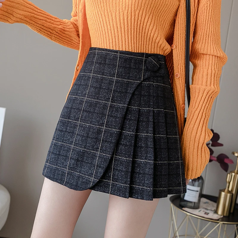Женская клетчатая юбка с оборками теплая шерстяная плиссированная А-силуэта в