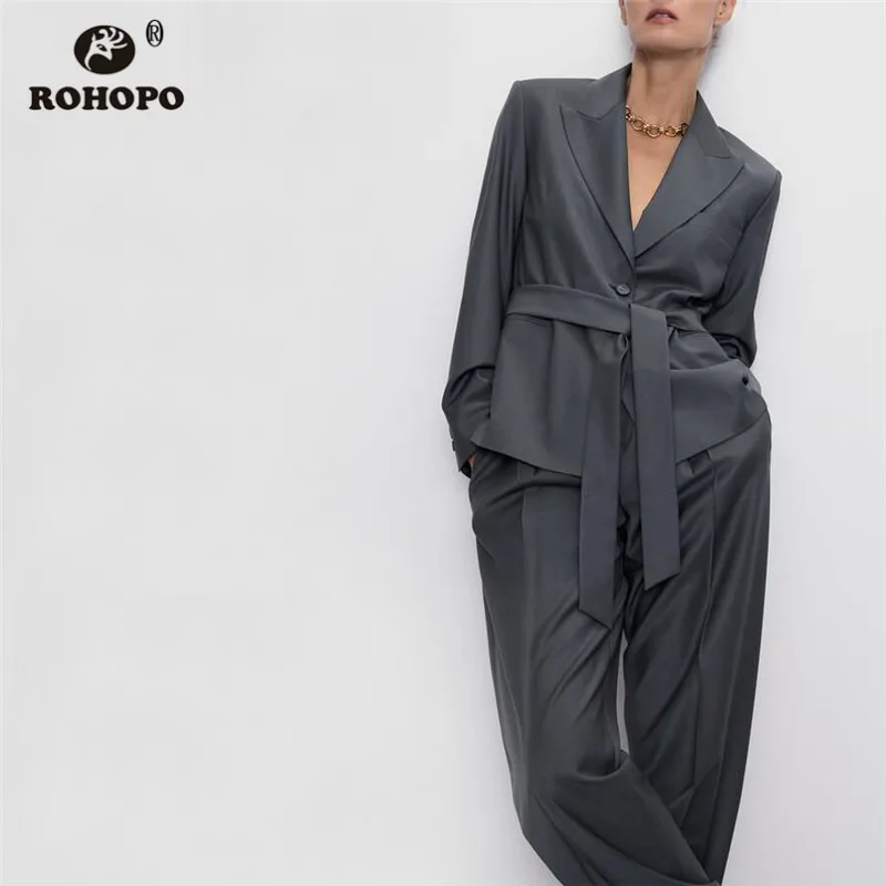 ROHOPO двойные пуговицы однотонный пояс бабочка Блейзер зубчатый воротник боковые