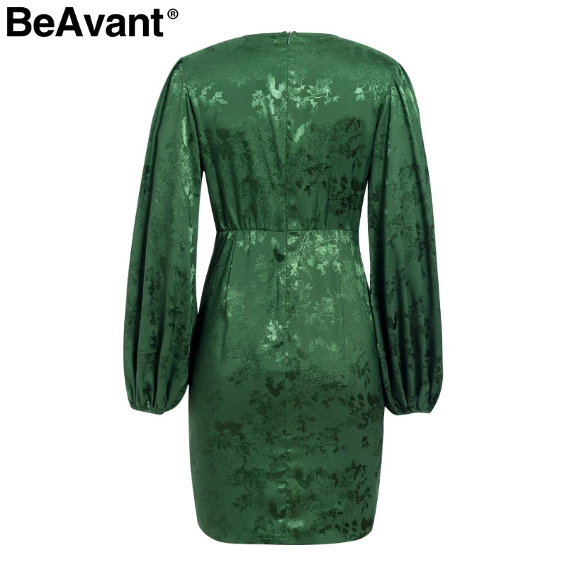 BeAvant, сексуальное короткое платье с v-образным вырезом для вечеринки, зеленая лента, элегантное платье для женщин, рукав-фонарик, однобортное ТРАПЕЦИЕВИДНОЕ мини-платье, летнее