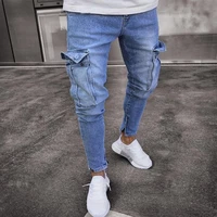 ripped jeans for men fashion skinny multi pockets zipper denim pencil pants male slim fit stretch plus size jeans