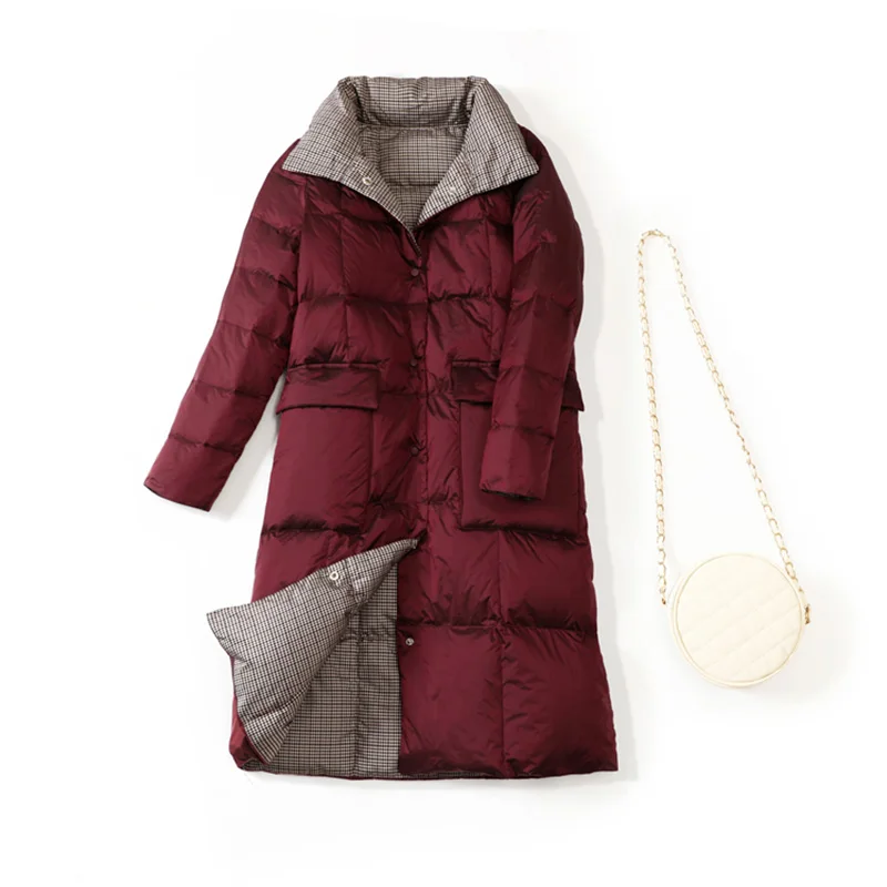 Женский двухсторонний длинный пуховик Зимняя парка с высоким воротником и белым