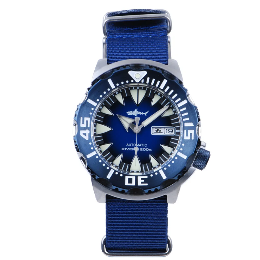 Heimdallr Sharkey Monster Automatic Watches Men Gradient Blue Dial Diver Watch 200M Water Resistance NH36 Mechanical Wristwatch