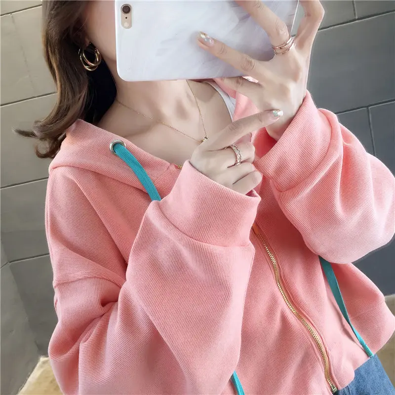 

2020 New Spring and Autumn Cotton Short Hooded Jackets Female Casual Solid Zipper Women Long Sleeve Thin Fashion Jacket Tops S58