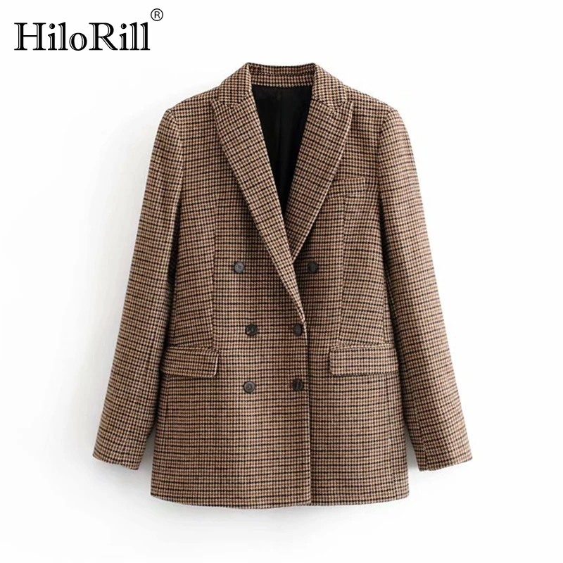 Винтажный Повседневный клетчатый Блейзер HiloRill женский двубортный офисный