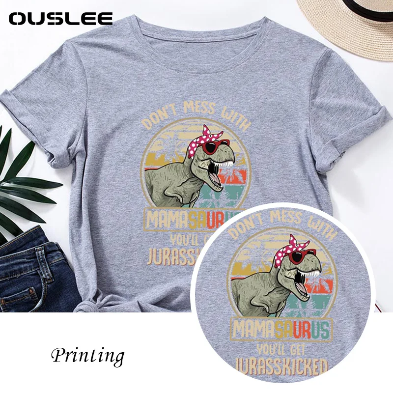 

Ouslee Summer Cotton Plus Size Women T Shirt Short Sleeve Dinosaur Letters Print Casual O-Neck Female T-Shirt Tops