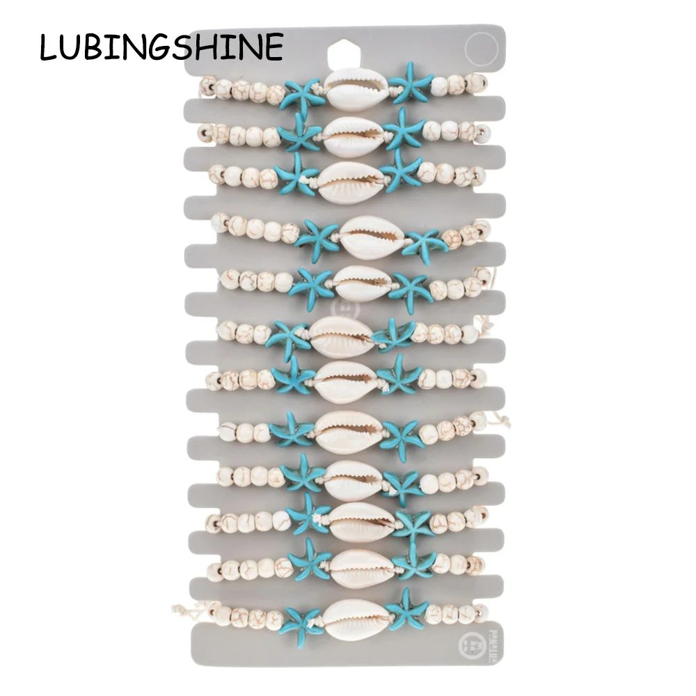 12pcs/set Natural Stone Shell Starfish Charms Bracelet Bracelets Women Braided Adjustable Chain Anklets Wristband Jewelry