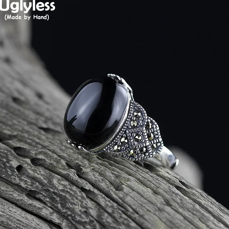 

Uglyless Mysterious Marcasite Ethnic Rings for Women Multi Colorful Chalcedony Open Rings Real 925 Silver Thai Silver Jewelry