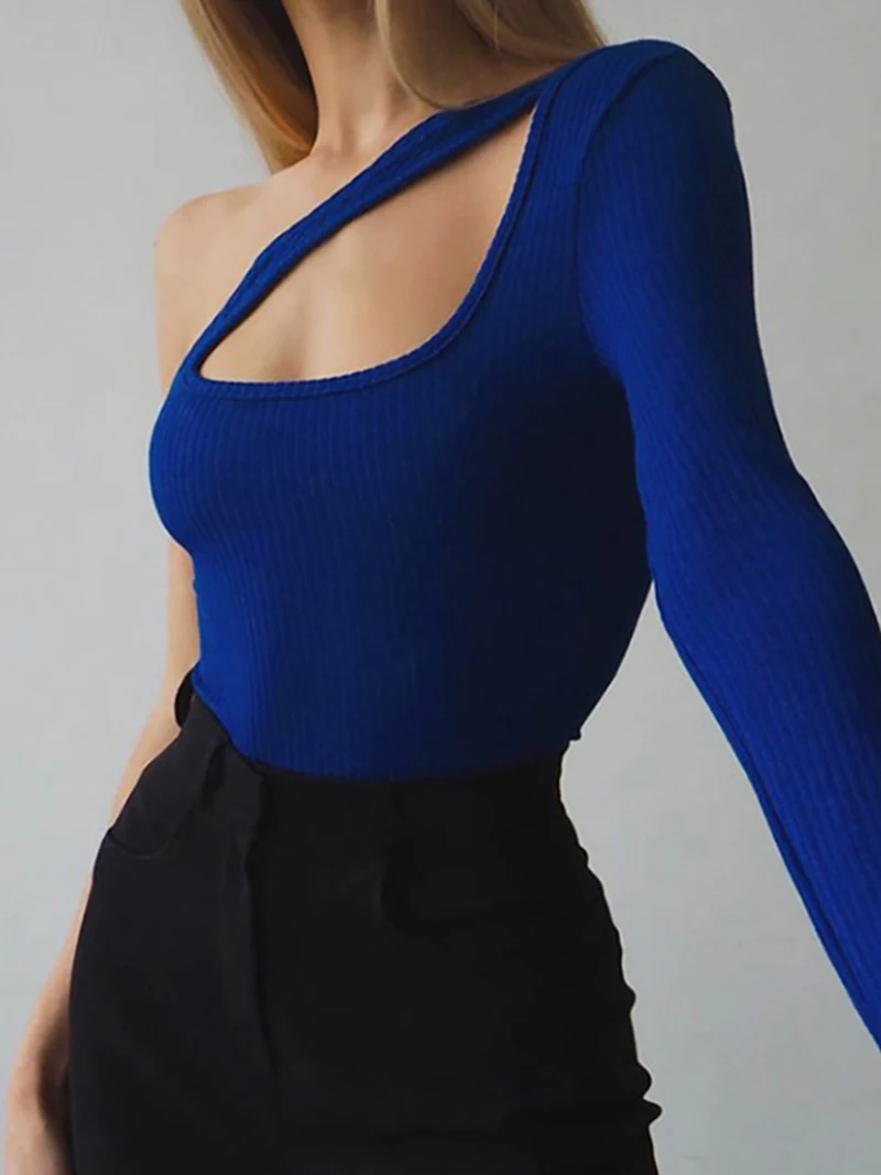 

NANXI Fashion Knitted Skinny Bodysuit for Women Hollow Out One Shoulder Bodycon Catsuit Female Party Streetwear Outfit Clothing