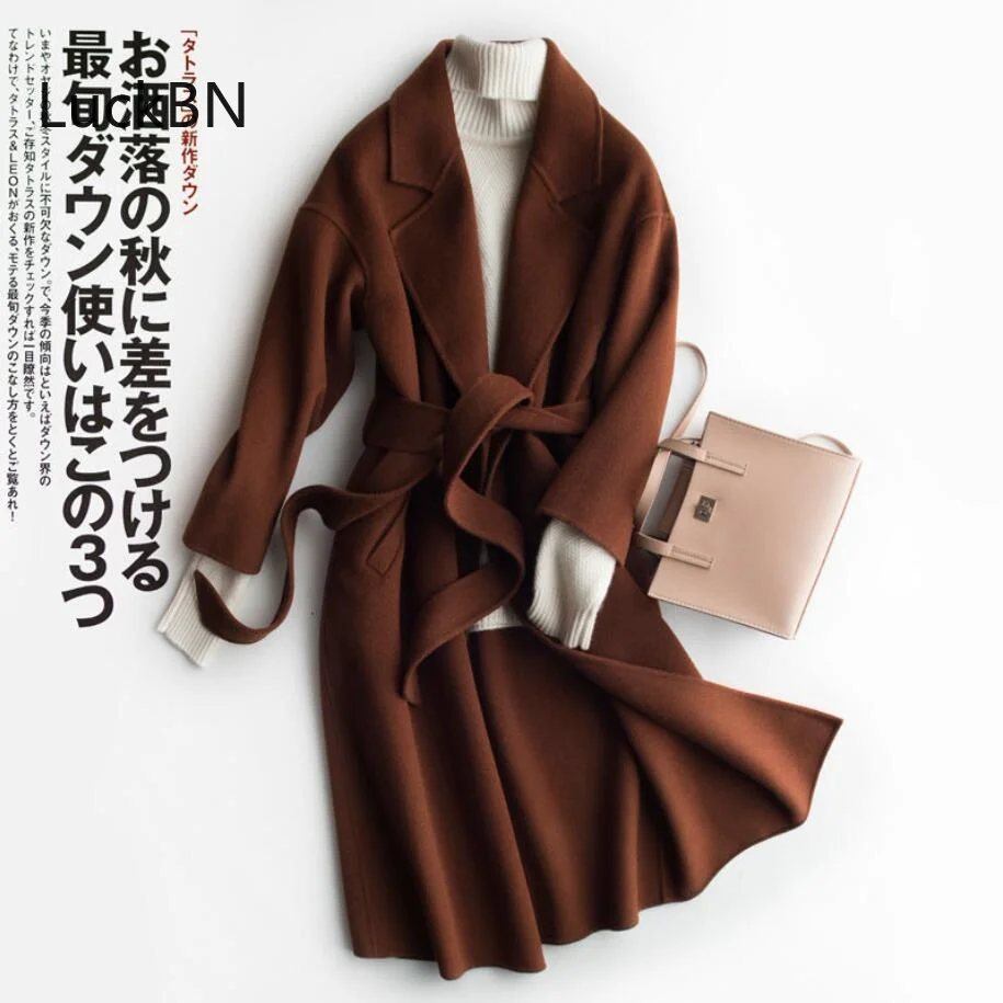 

Anti-season Hepburn Style Double-sided Cashmere Coat Women's Wool Blends Black Woolen Cloth Over Knee Loose Oversize Coat Trend