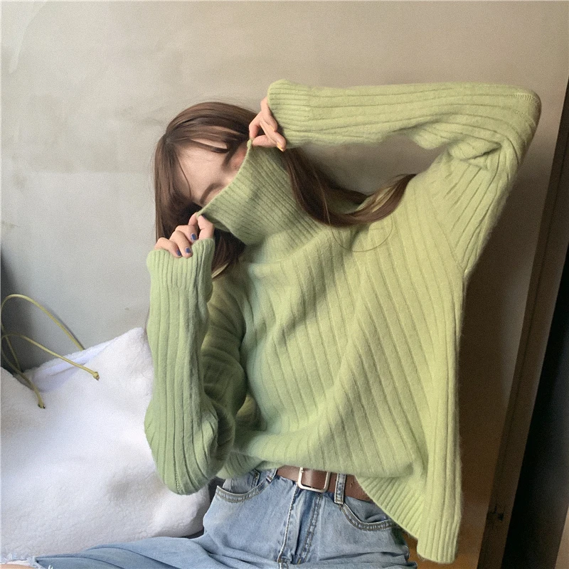 

Korean New Autumn Winter High Neck Solid Color Pit Strips Thin Knit Sweater Women Knitted Sweater