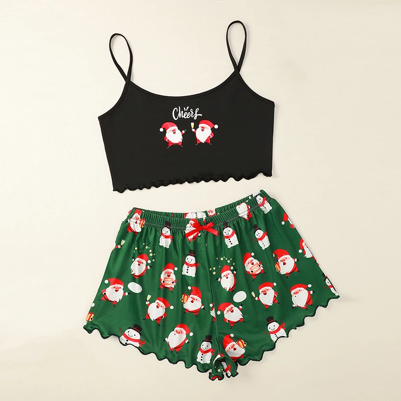 

2020 Casual Christmas Santa Claus Cartoon Pritned Camis Crop Tops Shorts Pajama Set Women Christmas Party Pajamas Drop Shipping