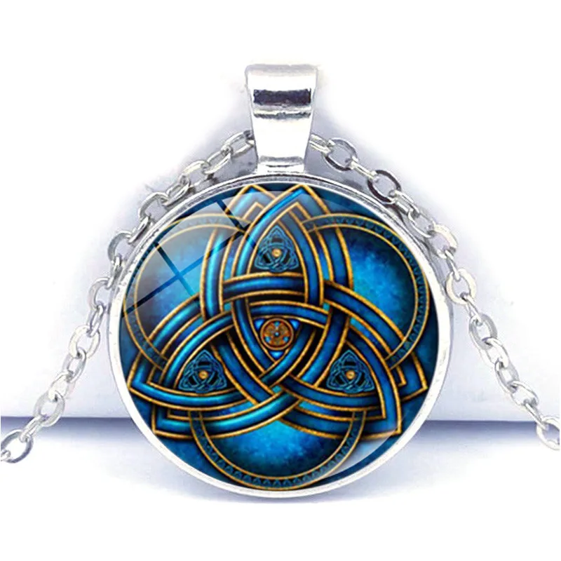 

Blue Celtic Knot Jewelry Accessories Celtic Triangle Photo Cabochon Glass Pendant Chain Necklace Triquetra Celtic Knot Necklace