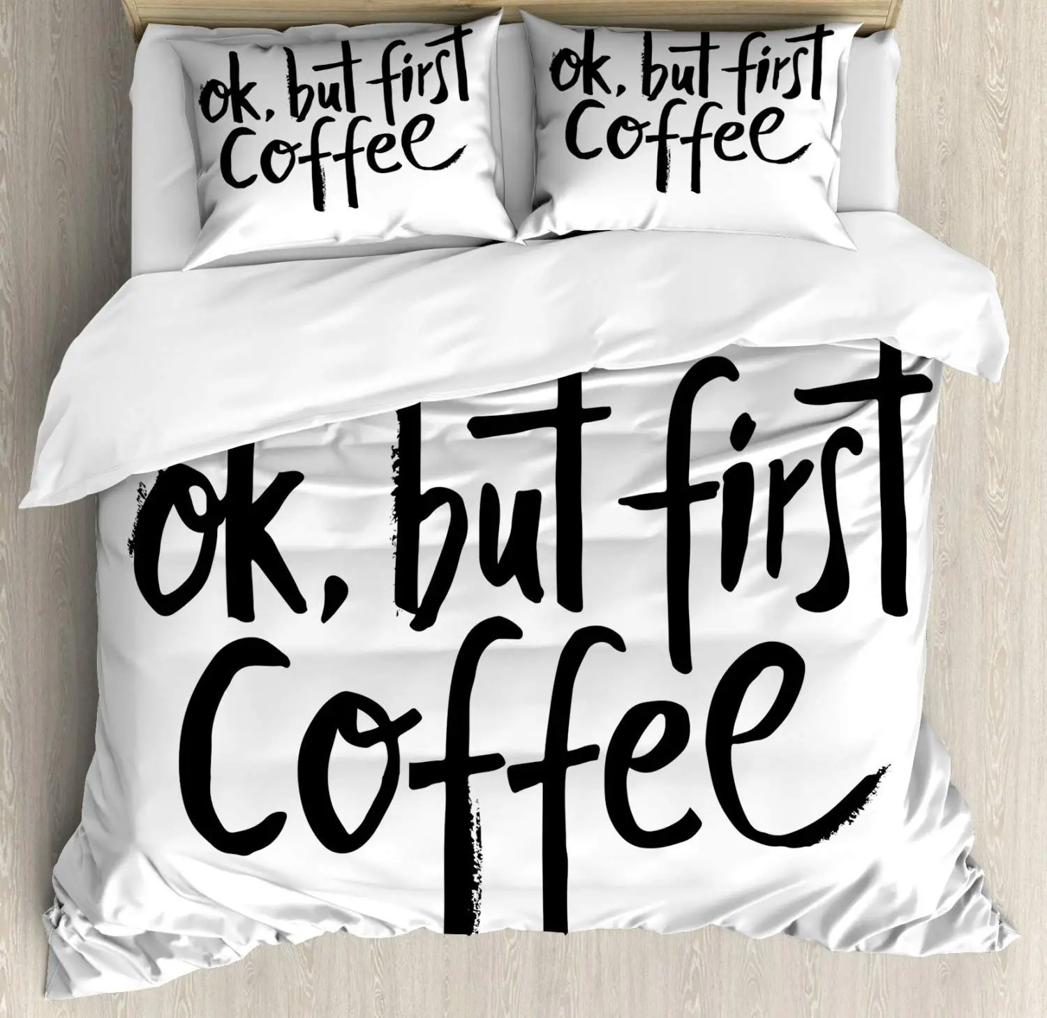 Но первый кофе пододеяльник набор монохромный стиль иллюстрация кисти