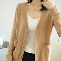 womens autumn and winter new cotton knit cardigan with pockets and womens loose v neck short cotton sweater coat