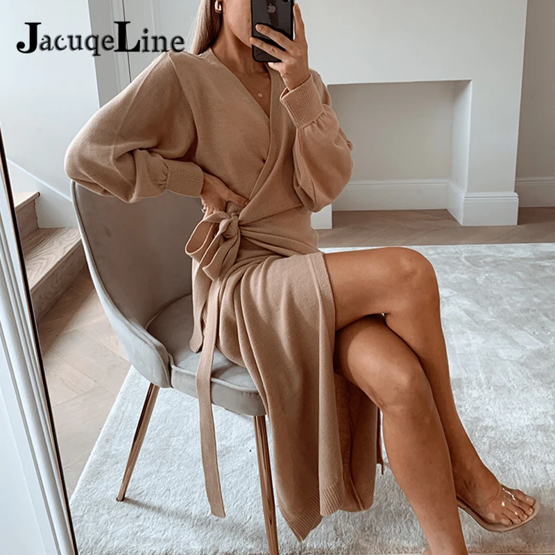 

Jacuqeline V Neck Oversize Women Knitted Dress Long Sleeve Split Fashion Bandage Loose Casual Sweater Dresses 2021 Autumn Winter