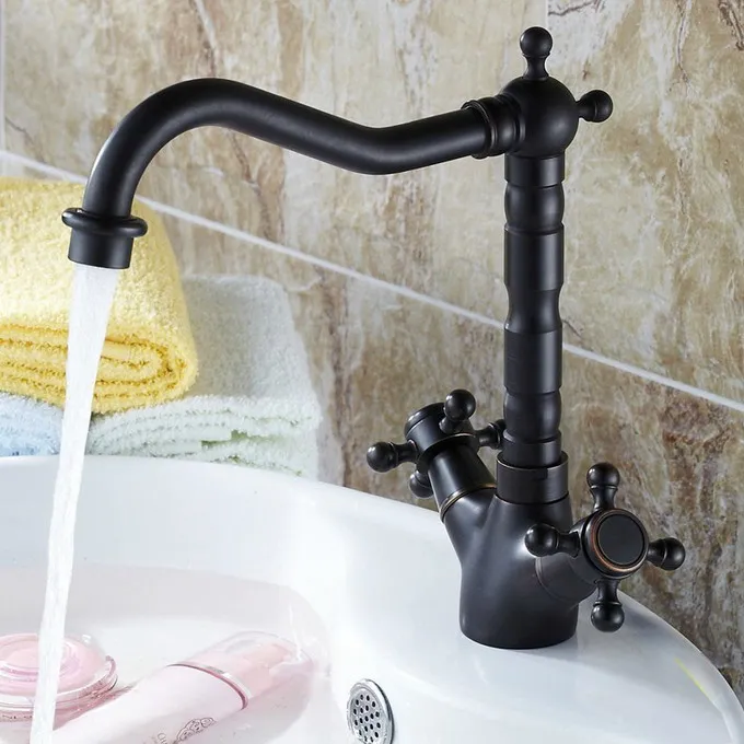 

Kitchen Wet Bar Bathroom Vessel Sink Faucet Black Oil Rubbed Bronze Two Cross Handles Swivel Spout Mixer Tap Single Hole msf076