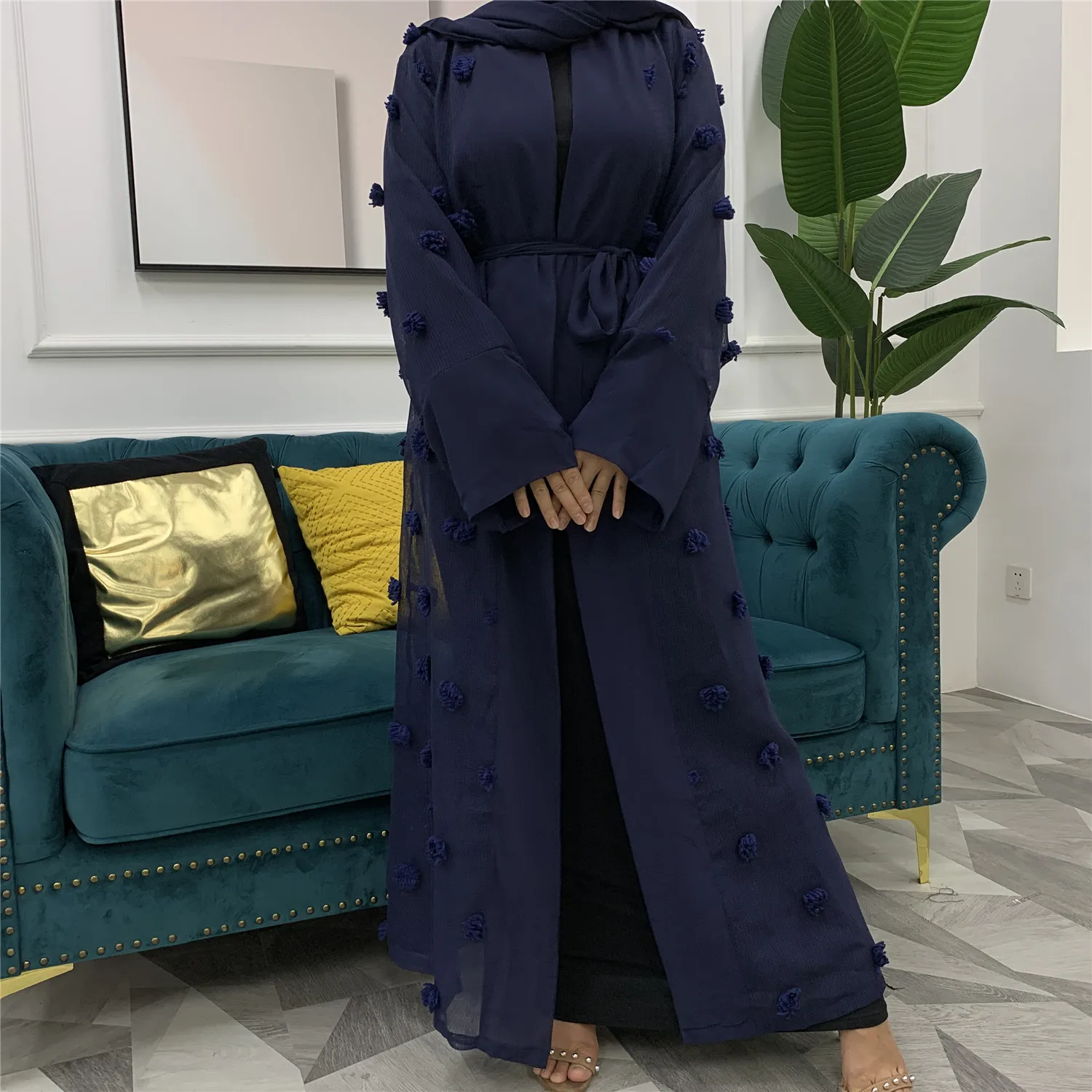 

Donsignet Muslim Dress Muslim Fashion Middle East Duabi Abaya Turkey Robe 3D Flower Mesh Loose Belt Cardigan Robe Order Scarf