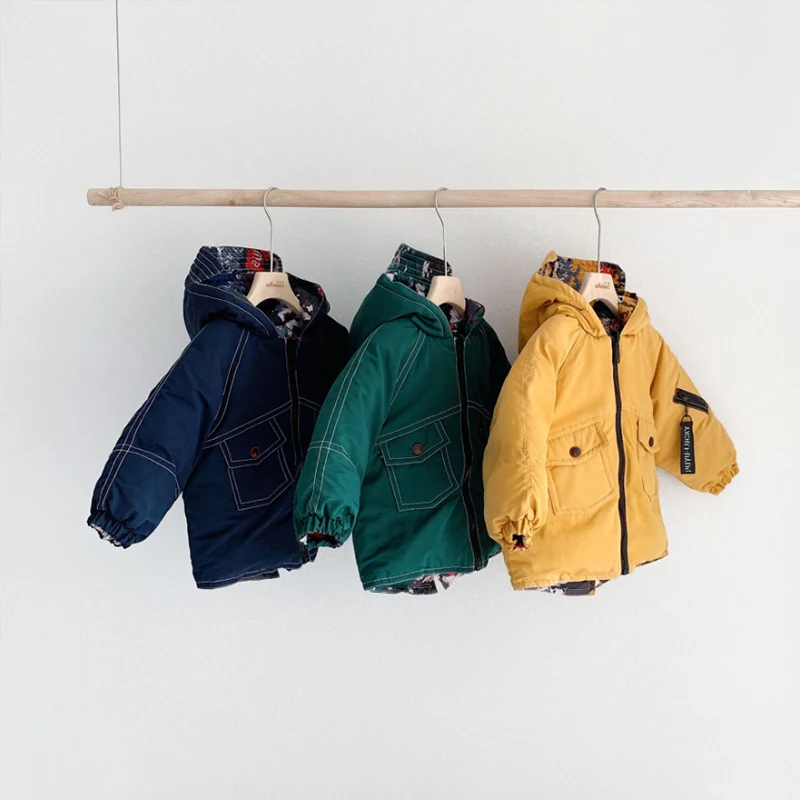 Детское осенне-зимнее утепленное камуфляжное Двустороннее хлопковое пальто для