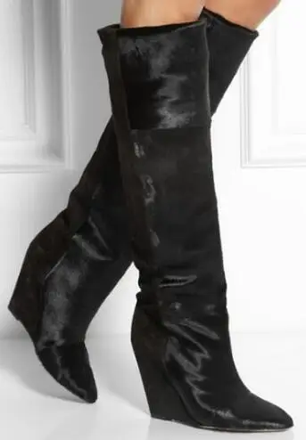 Fashion Patchwork Horse Hair Hidden Wedge Knee Boots Pointy Toe Slip On  Women knight Botas Mujer Black Horsehair Long Boots