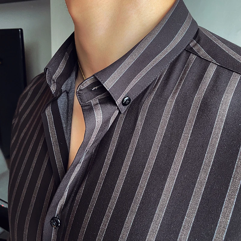 

Men's High Quality Shirt Stripes Long Sleeve Casual Shirt Business Dress Shirt Slim Fit Streetwear Social Work Camisa Masculina