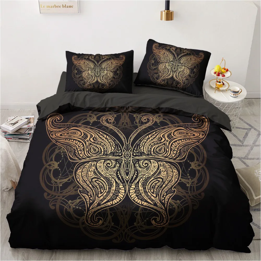 

3D Duvet Quilt Cover Set Bedding Sets Comforter Bed Linen Pillowcase King Queen Size Black Gold Design Printed 200x200