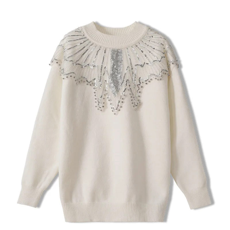 

Fall Winter Luxury Pullover Knitted Woman Sweaters High Quality Sequin Beading Stitching Office Lady O-Neck Loose Elegant Jumper