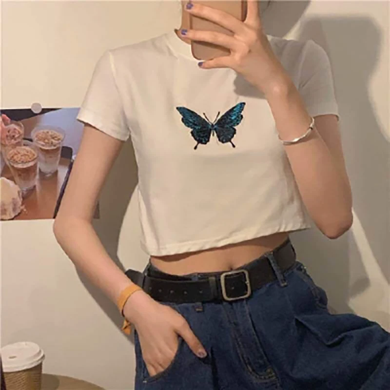 

Bear Cub Printed Women Top T-shirt Fashion Sexy O Neck White Crop Top Party Slim Clothing Short Sleeve Harajuku Tshirts Clothing