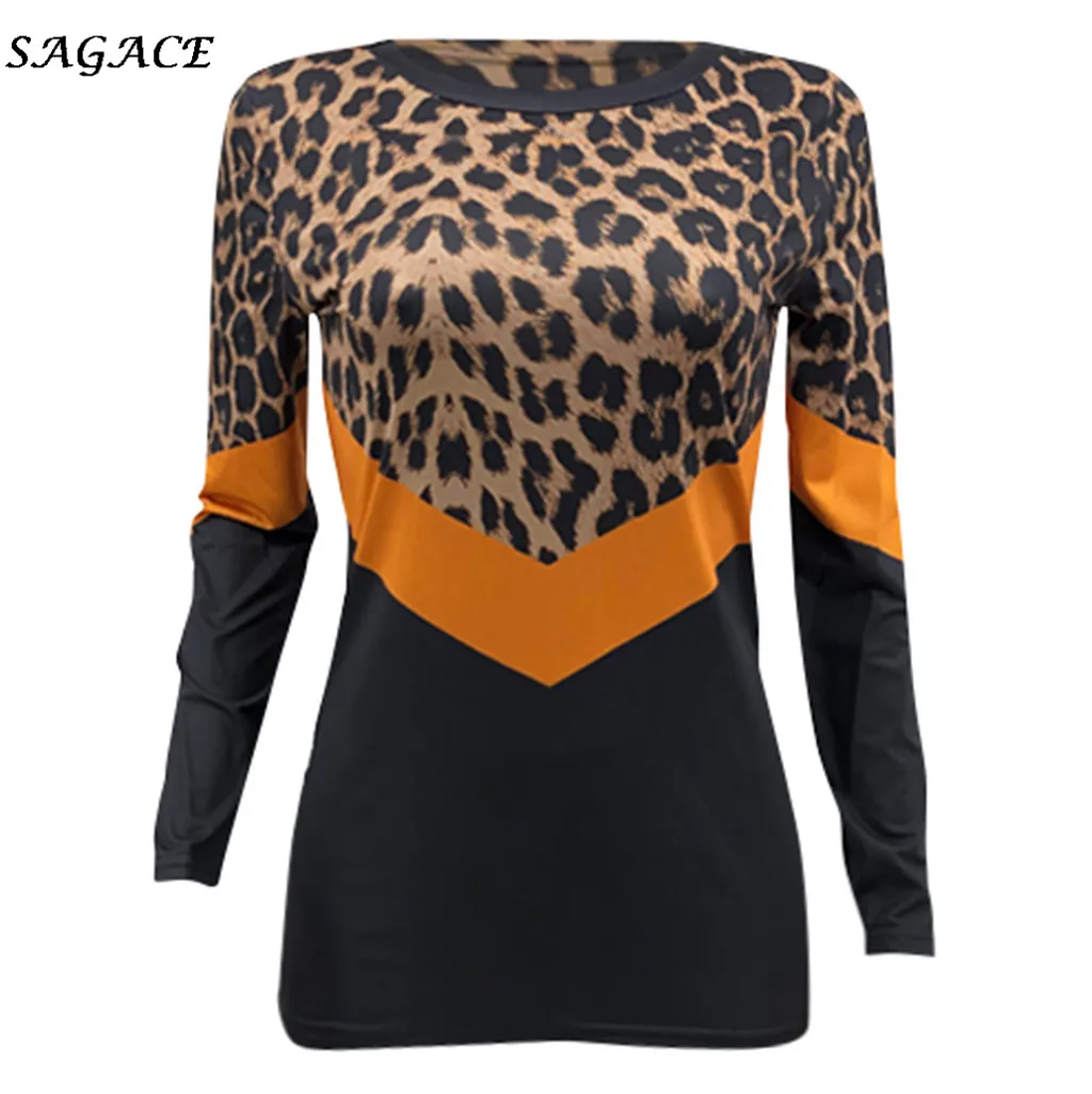 Sagace Топы женские леопардовые Лоскутные размера плюс с длинным рукавом льняная