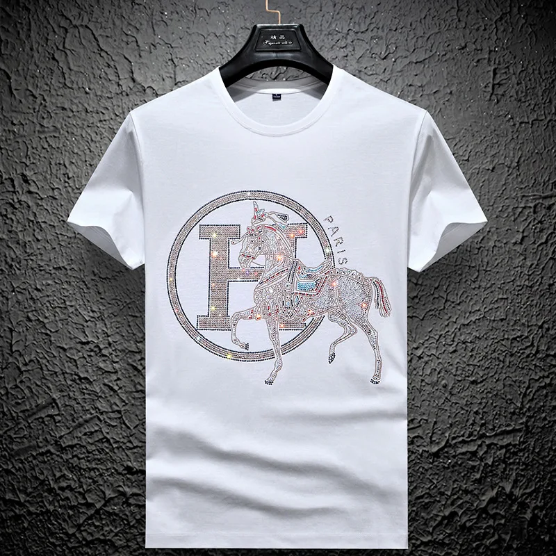 

Good Quality Summer New Style 3D Printing Hot Rhinestone Short-sleeved Mercerized Cotton Personality Trend All-match T-shirt Men