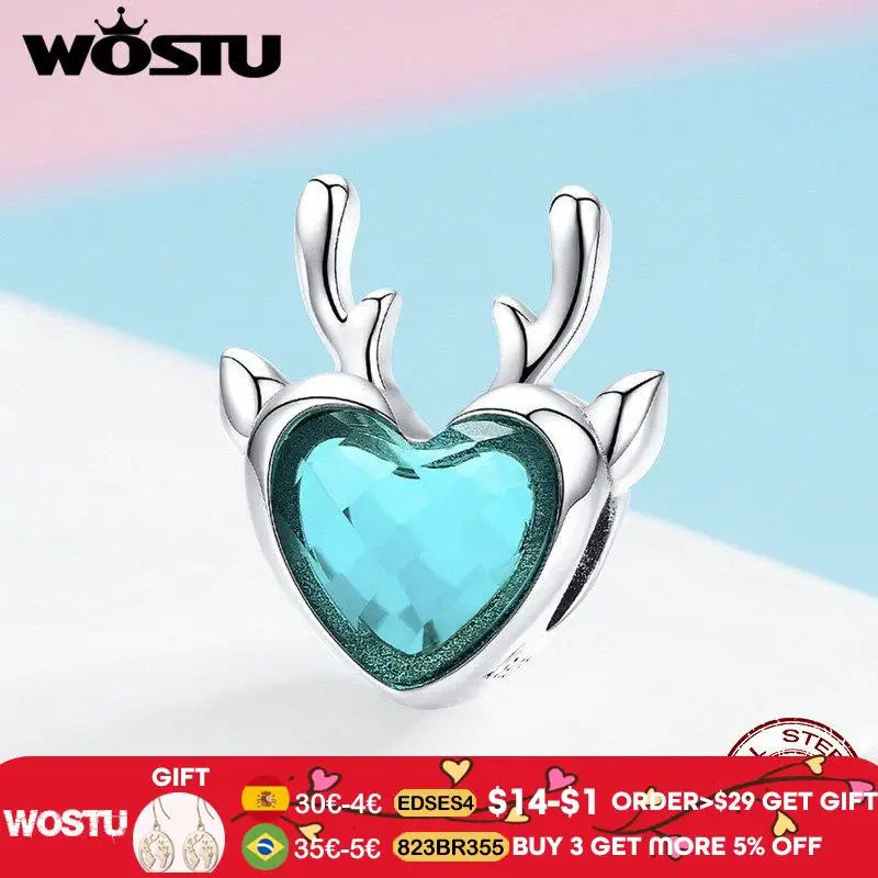 WOSTU новый дизайн Стерлинговое Серебро 925 пробы Рождество синий олень бисер