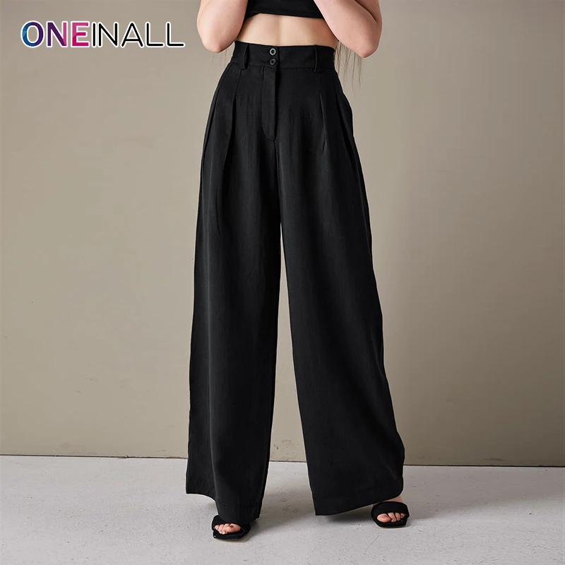 

ONEINALL Black Casual Pant For Women High Waist Slim Pleated Loose Solid Minimalist Wide Leg Pants Females Summer Clothing 2021