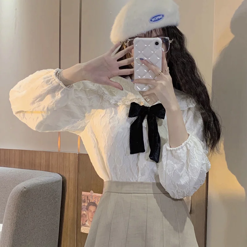 Белая рубашка с детским воротником женская длинным рукавом на весну и осень