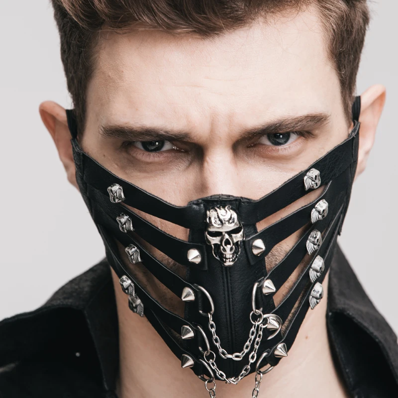 Devil Fashion Unisex Steampunk Leather Mask Punk Hollow Cosplay Halloween Skull Masks Stage Performance - Кожаная маска для стимпанка Devil Fashion Unisex, панковская, полая, для косплея и Хэллоуина, со черепами, для сценических выступлений.
