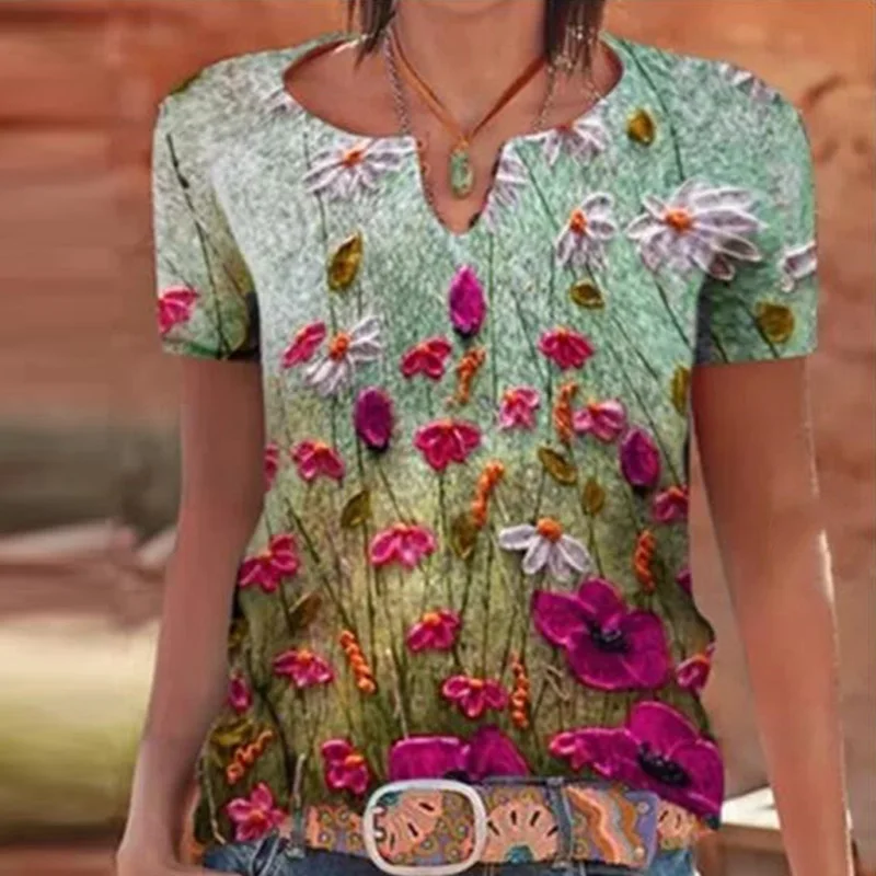 

2021 Spring Fashion Flower Print Women Blouses Elegant V Neck Short Sleeve Shirts & Tops Summer Casual Streetwear Blusa Pullover