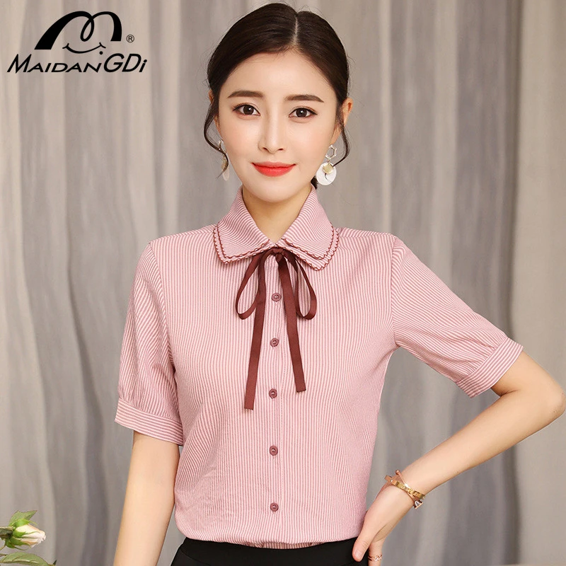 

MAIDANGDI Woman Blouse Stripe Ribbon Shirt Women's Layered Collar Special Embroidery Short-sleeved Clothes Plus Size Tops