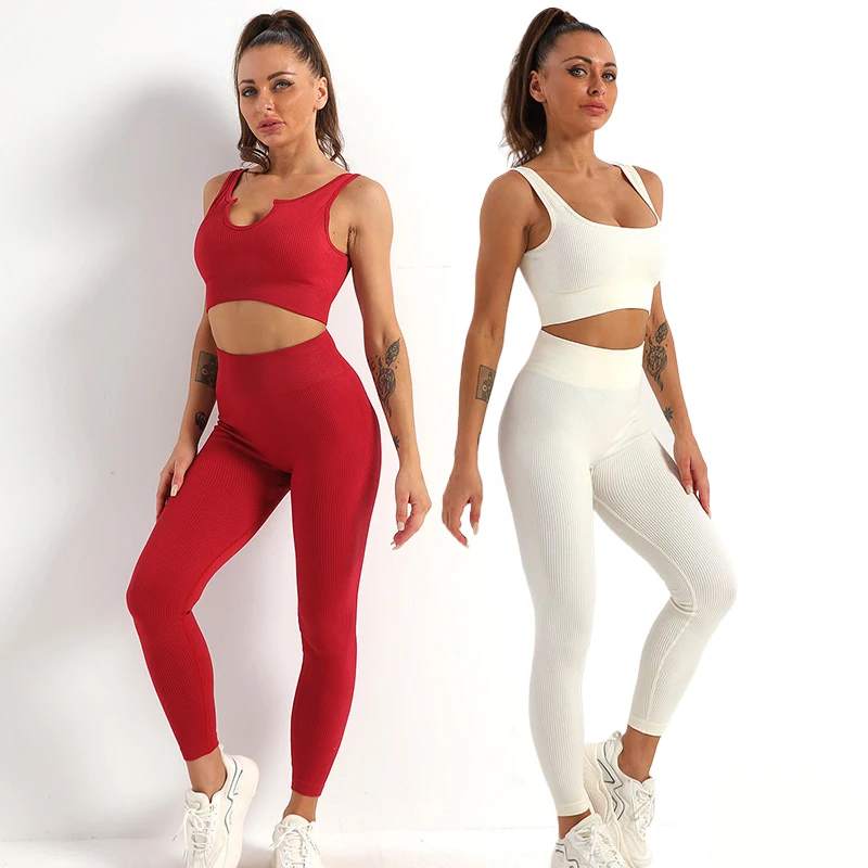 

2 Piece Sportswear Ribbed Gym Set Athletic Wear Seamless Yoga Sets Women Workout Clothes Booty Leggings+Sports Bra Sports Suits