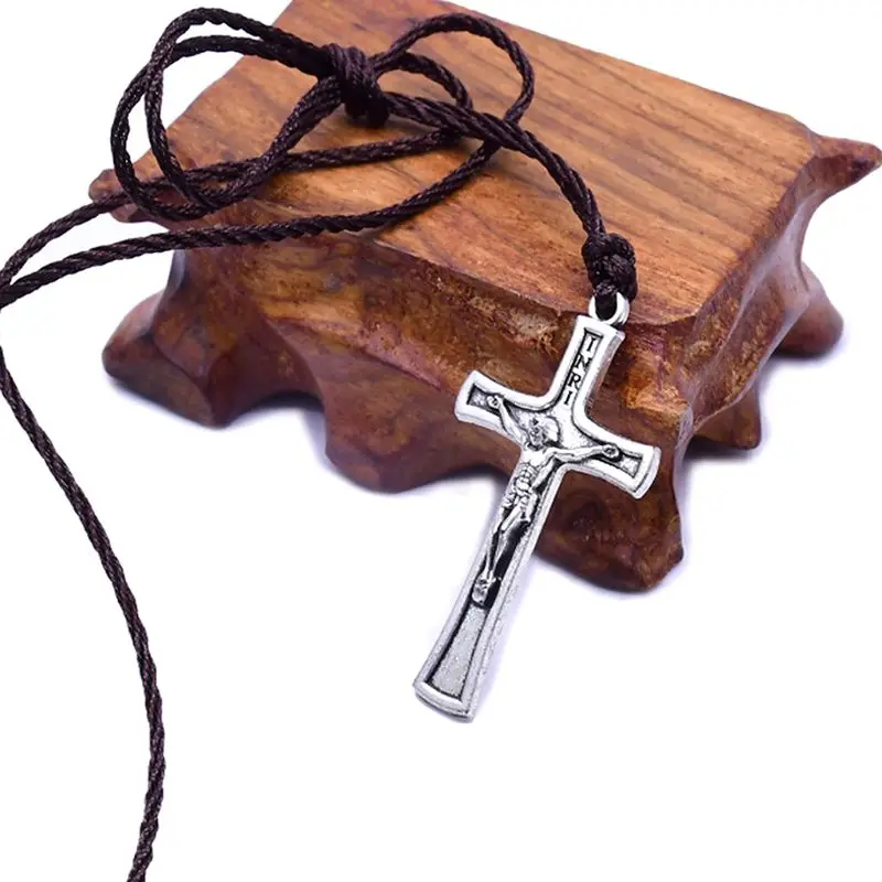 

Retro Rope Jesus Cross Necklace Pendant Jewelry for Men Women Catholic Religious