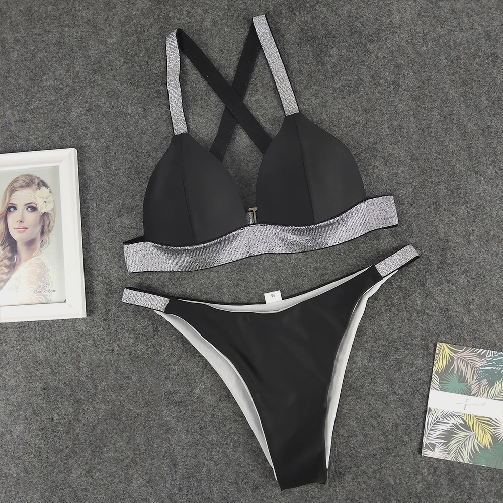 black Черный белый сексуальный мягкий бикини купальник женский купальник бикини с эффектом пуш-ап набор купальный костюм из двух частей женский - Цвет: black