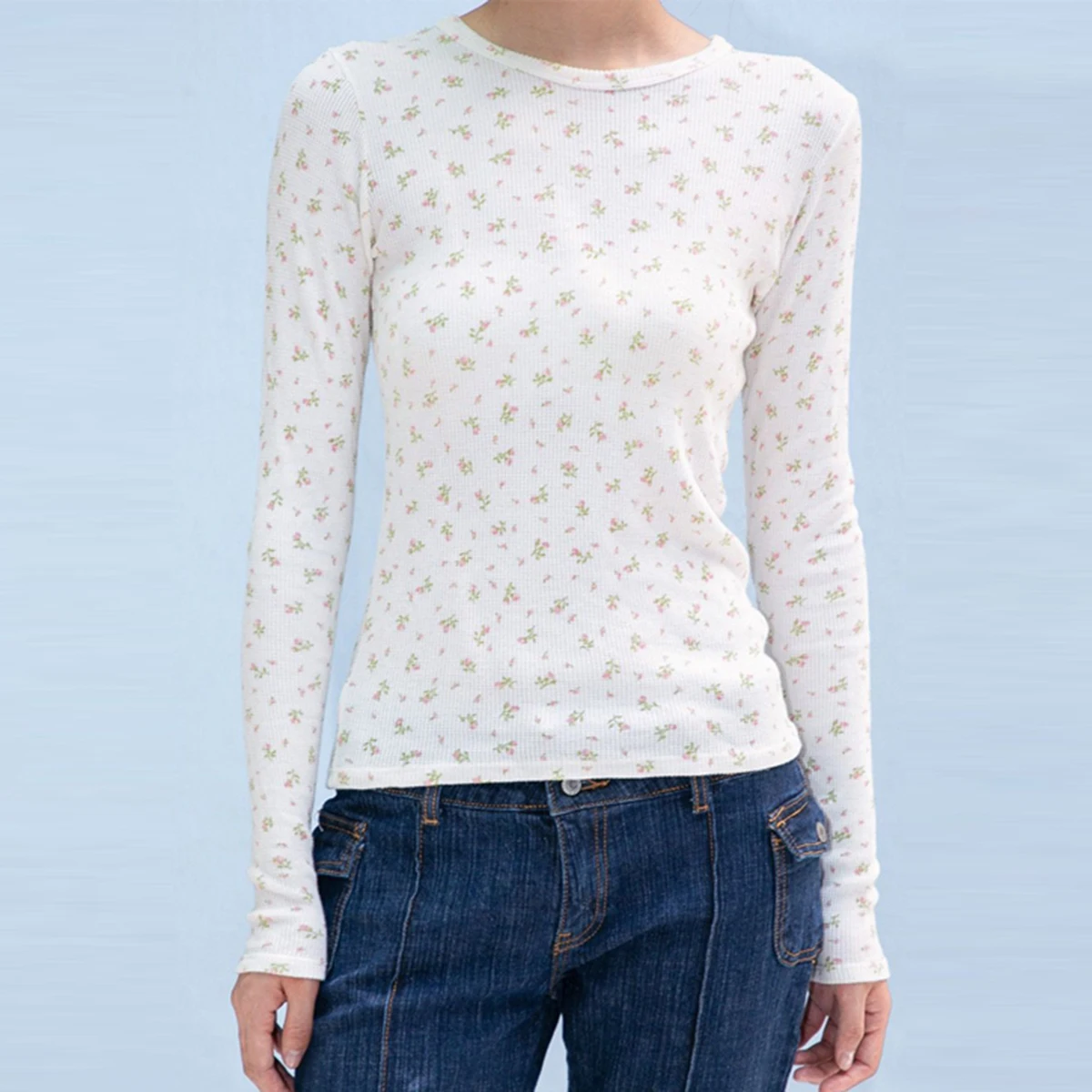 

Floral Print Slim T-shirt Women 2022 Summer Casual Soft Round Neck Long Sleeve Tee Shirt Female Vintage Chic Boho Waffle Tops